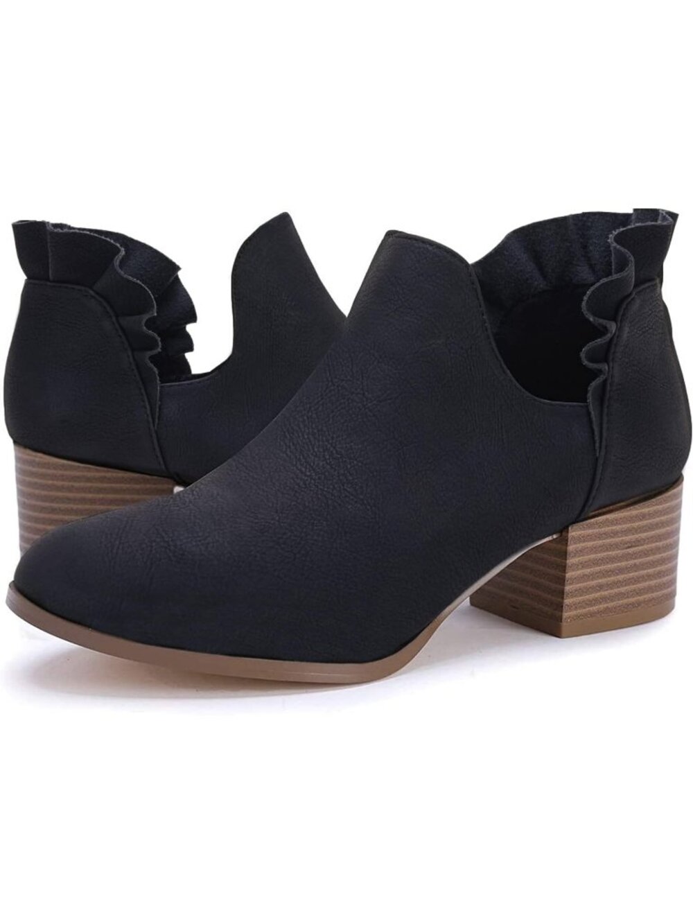Women's Black Faux Leather Fall Cutout Low Stacked Ruffle Slip On Ankle Booties